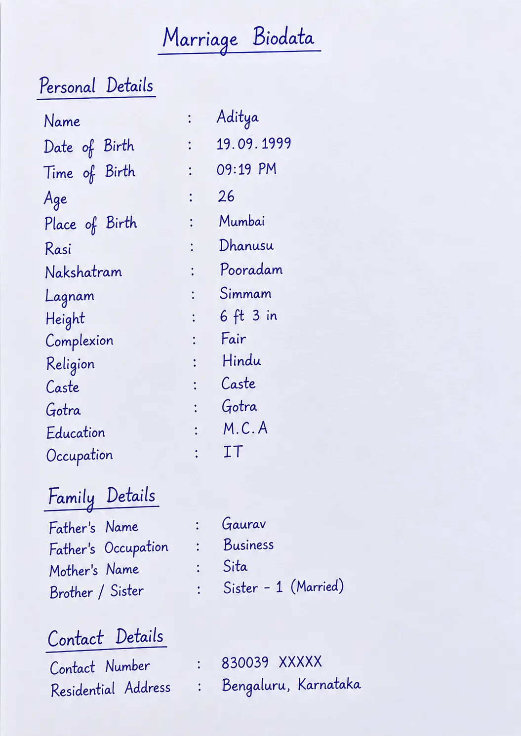 Hand-written marriage Biodata