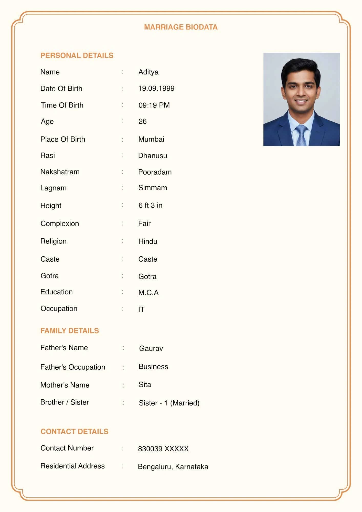 Attractive marriage biodata design for girl with photo section