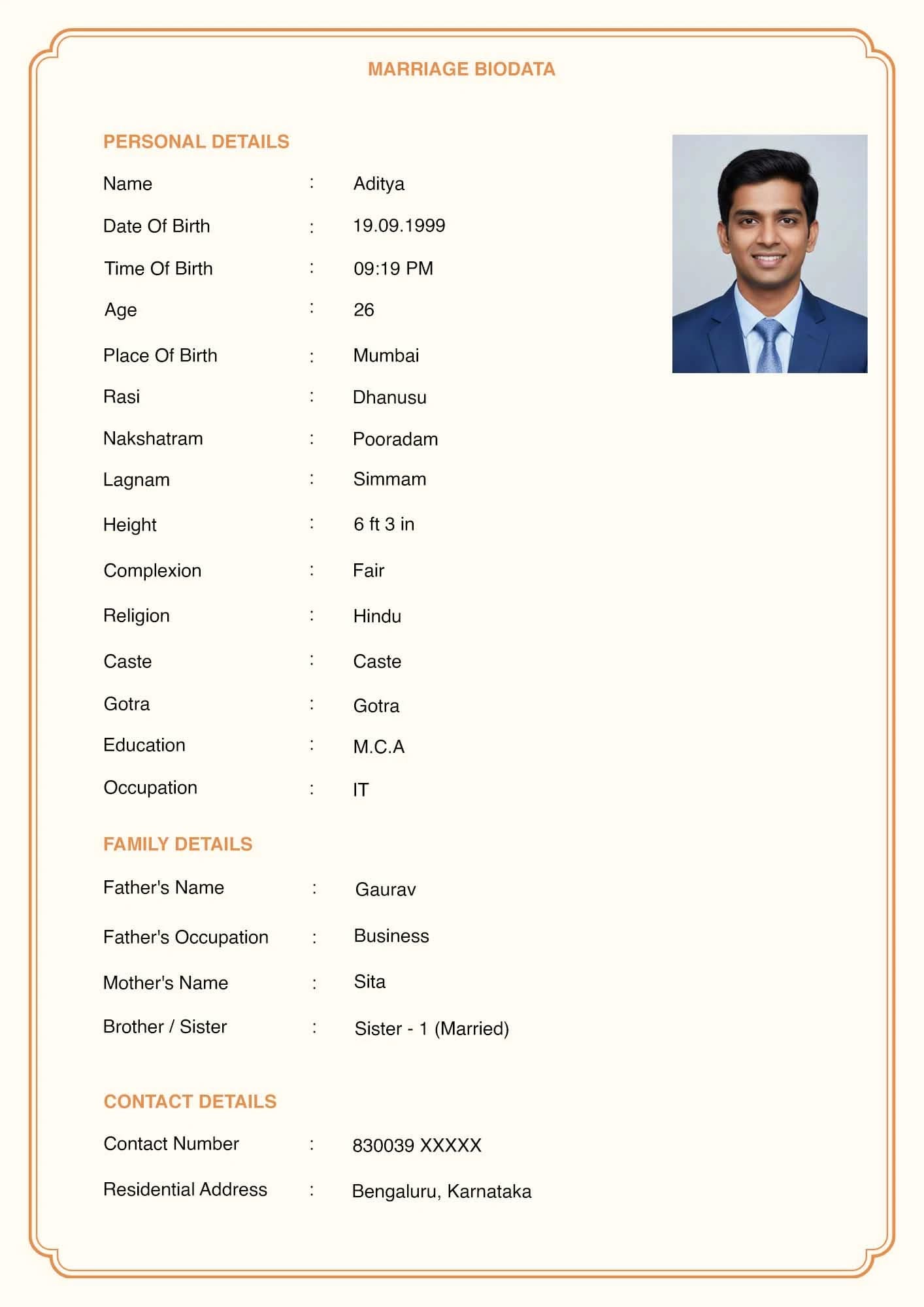 Attractive marriage biodata design for girl with photo section