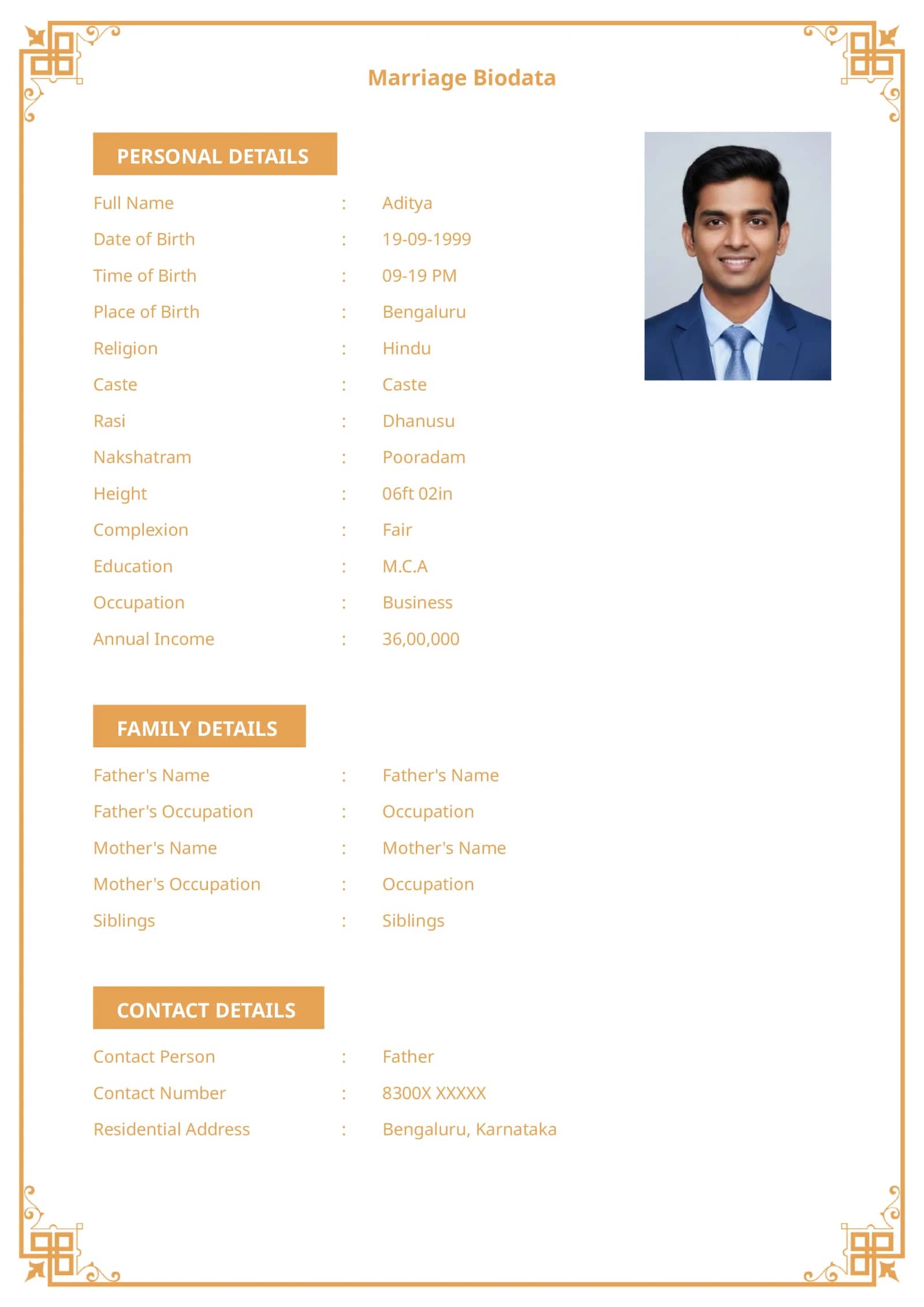 Simple marriage biodata format for hindu boy with elegant borders