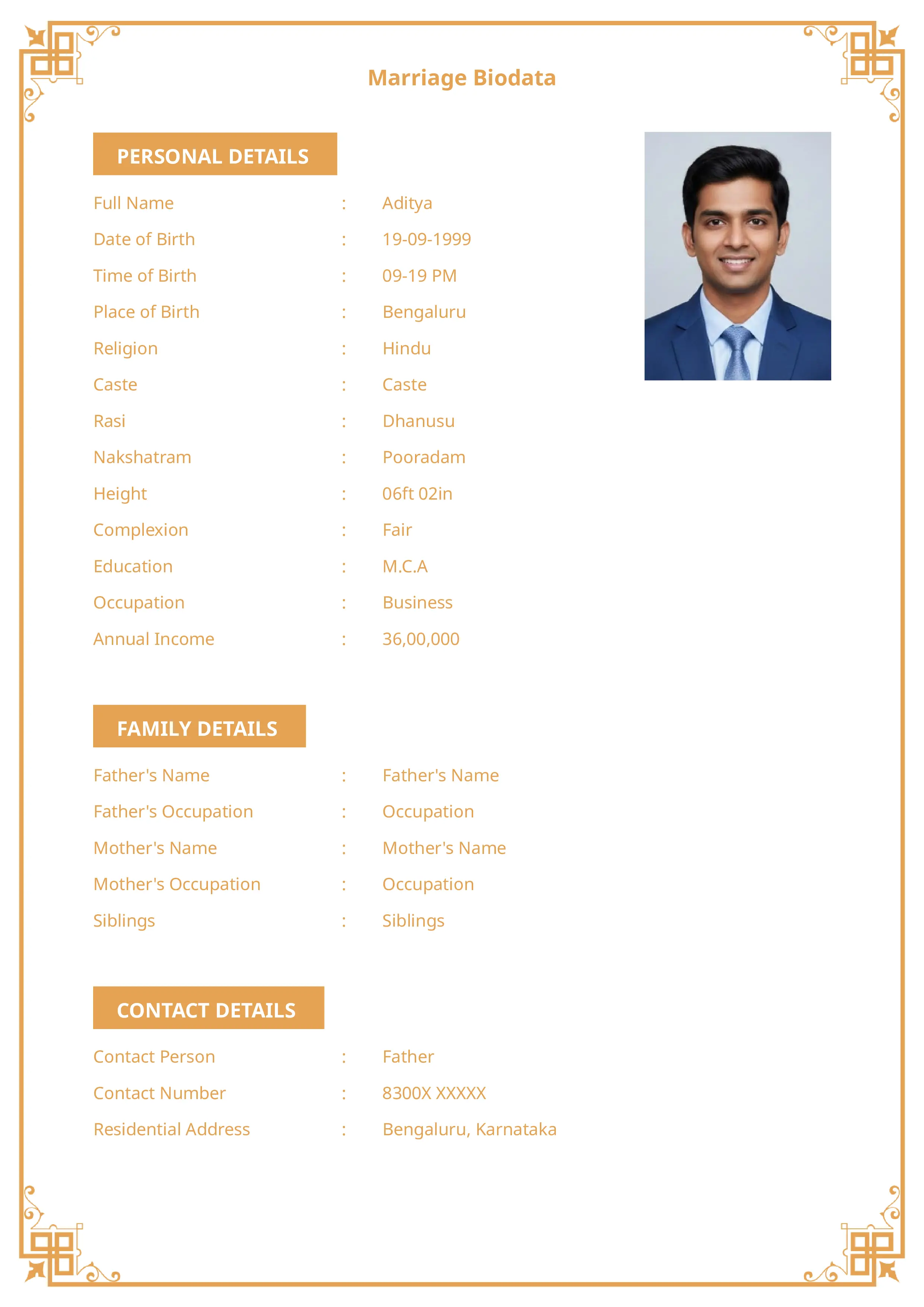 Simple marriage biodata format for hindu boy with elegant borders