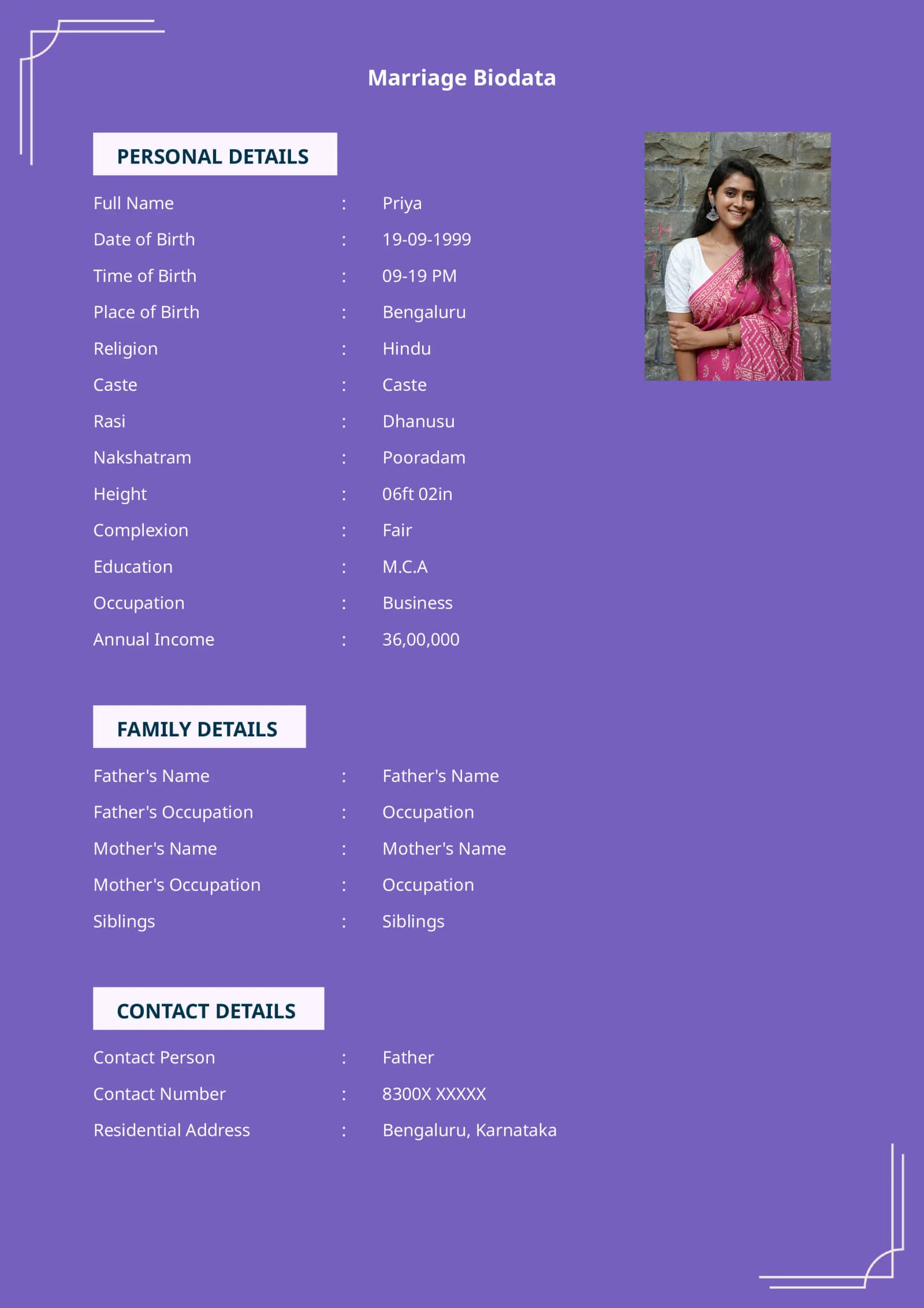 Elegant single page biodata format for marriage with photo