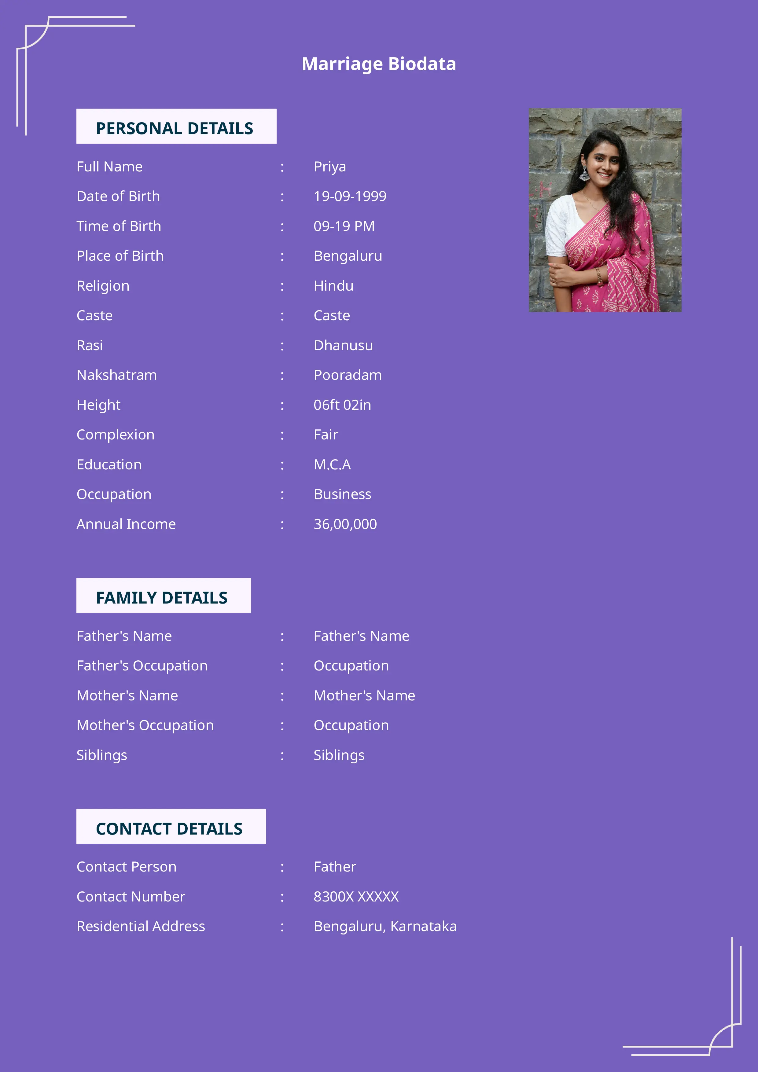 Elegant single page biodata format for marriage with photo