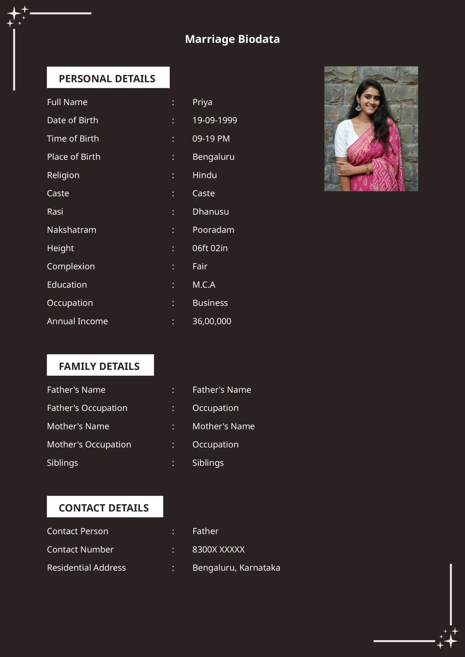 Modern matrimonial biodata maker template for easy PDF generation