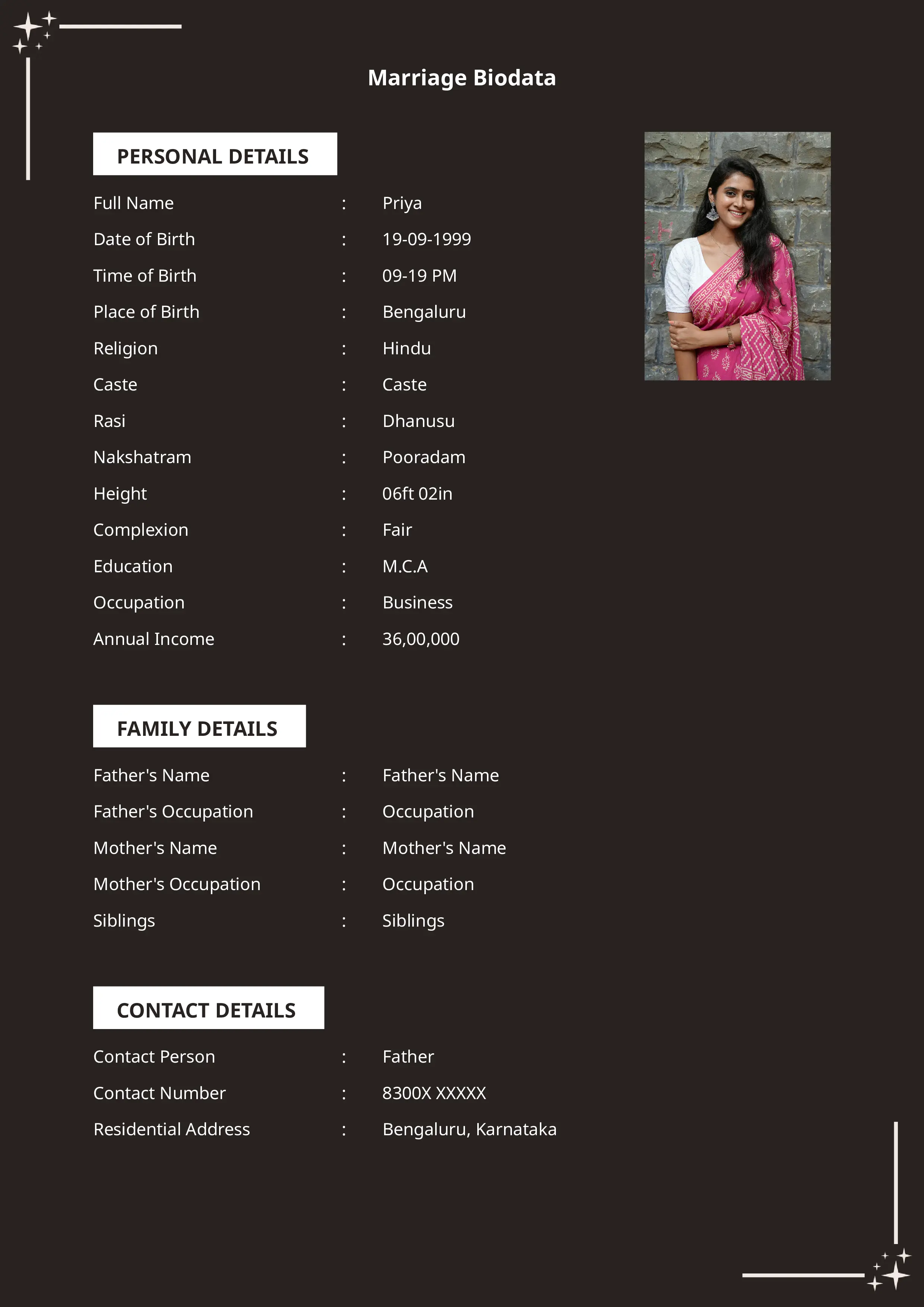 Modern matrimonial biodata maker template for easy PDF generation