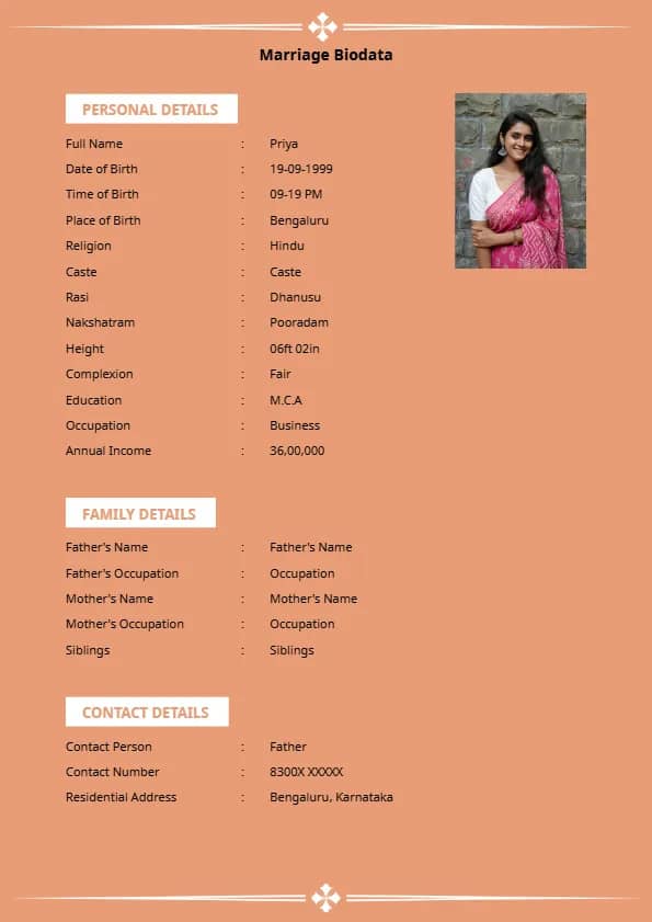 Creative marriage profile template for girl with beautiful typography
