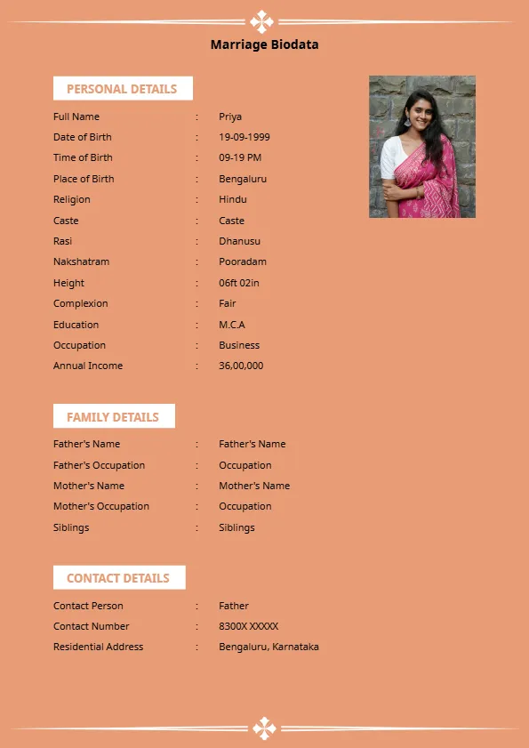 Creative marriage profile template for girl with beautiful typography