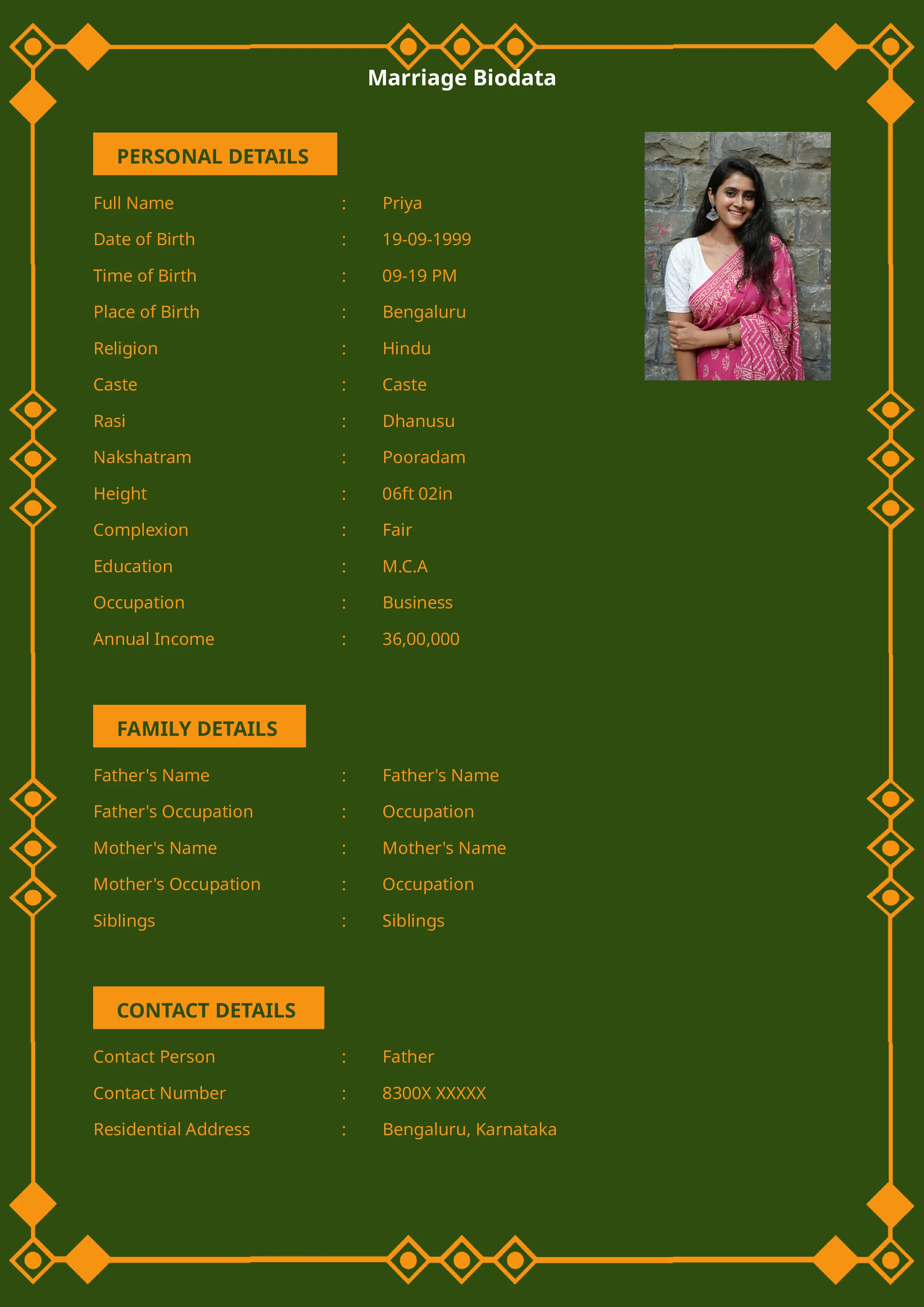 Traditional matrimonial resume template with cultural elements