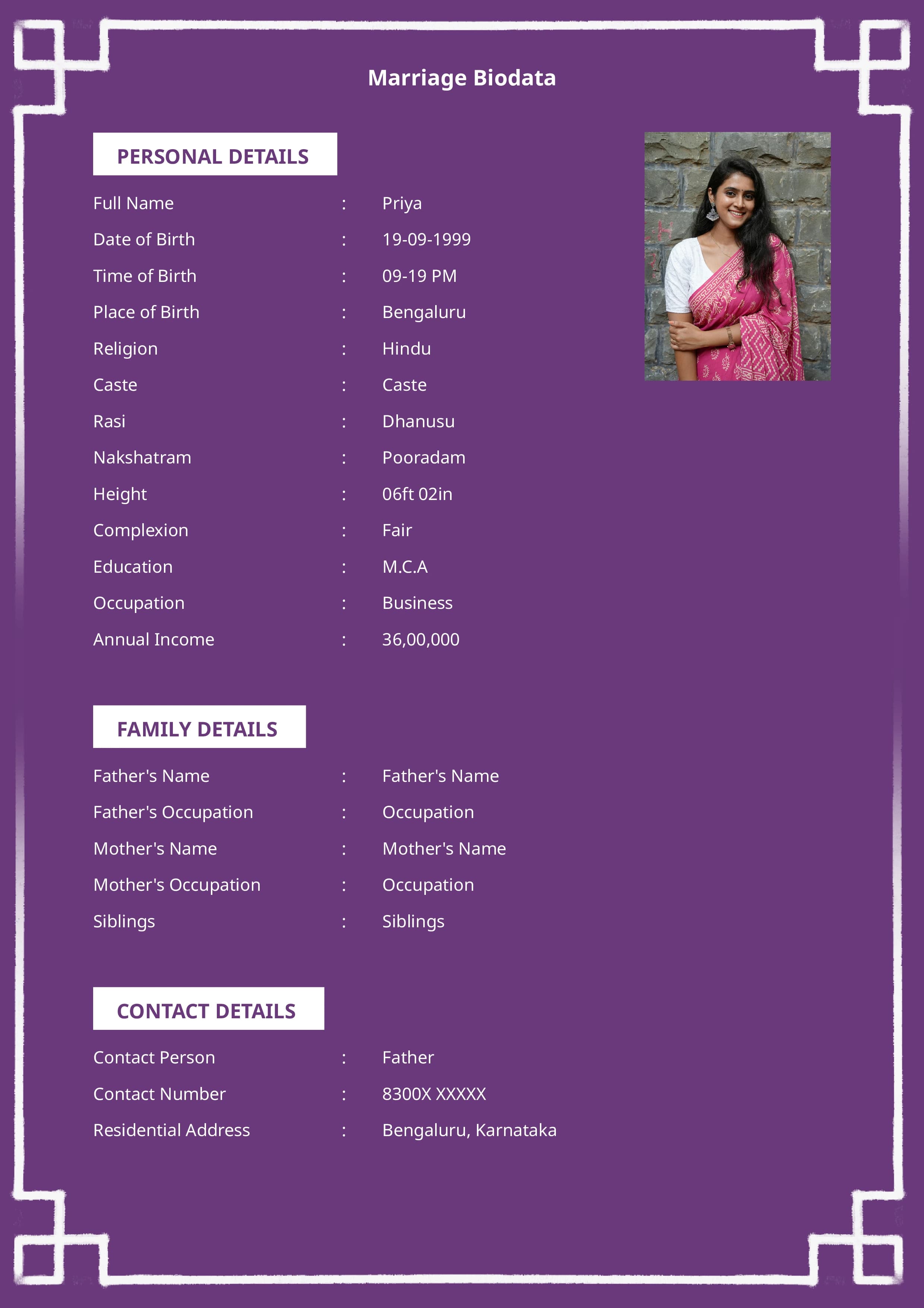 Premium quality marriage biodata format for girl PDF free download