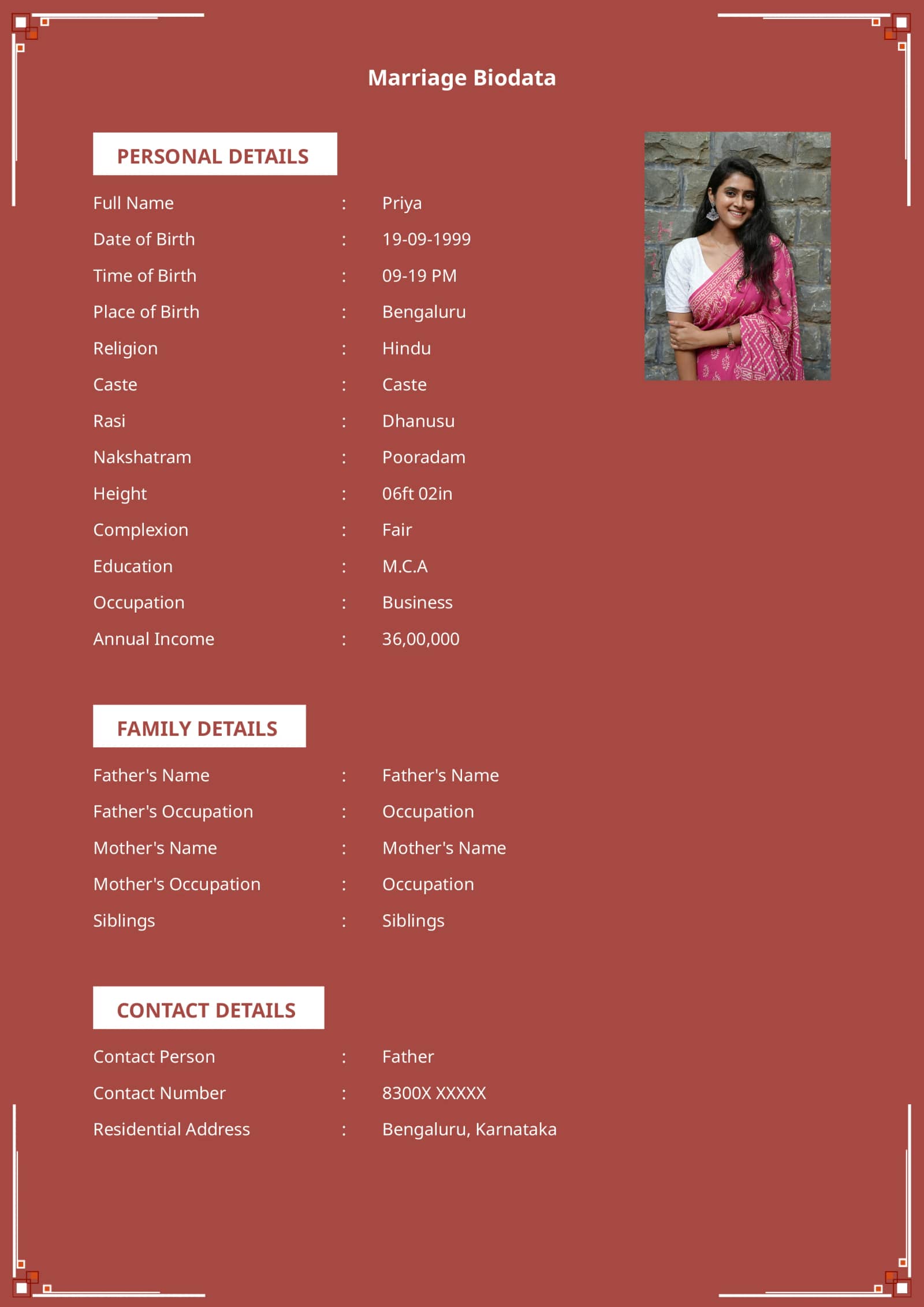 Elegant and simple matrimonial biodata format for quick print
