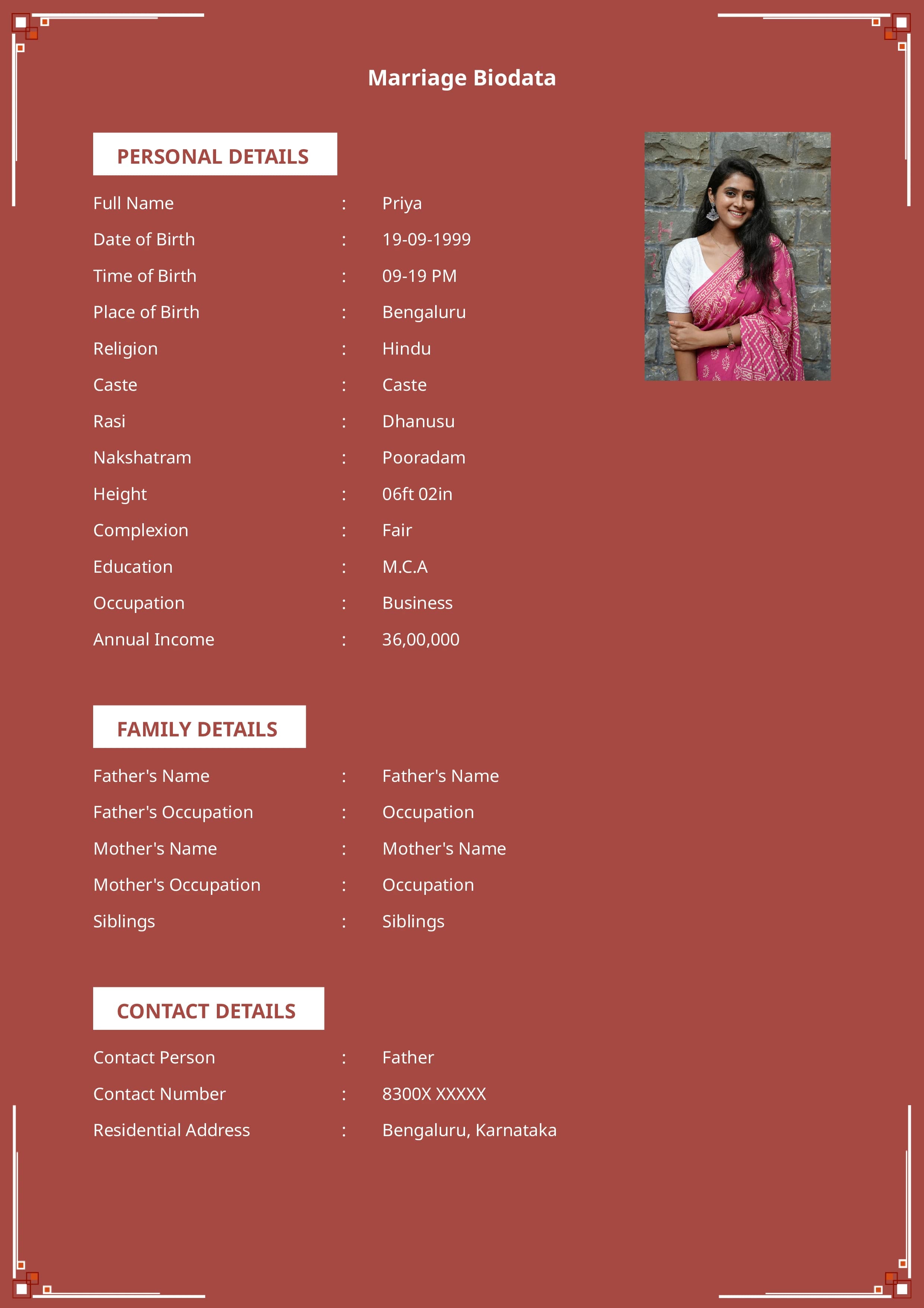 Elegant and simple matrimonial biodata format for quick print
