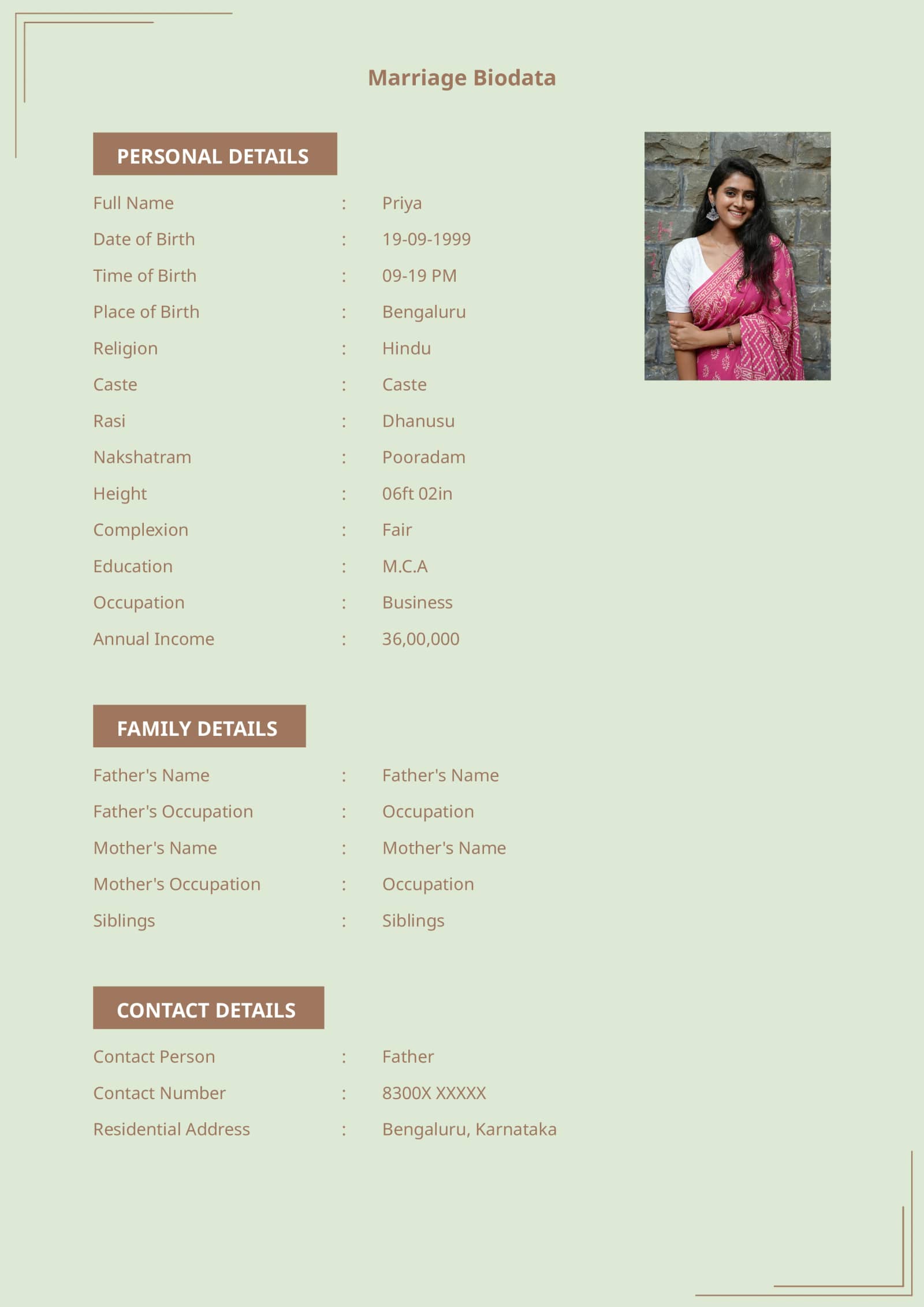Modern indian marriage resume template with minimalist design
