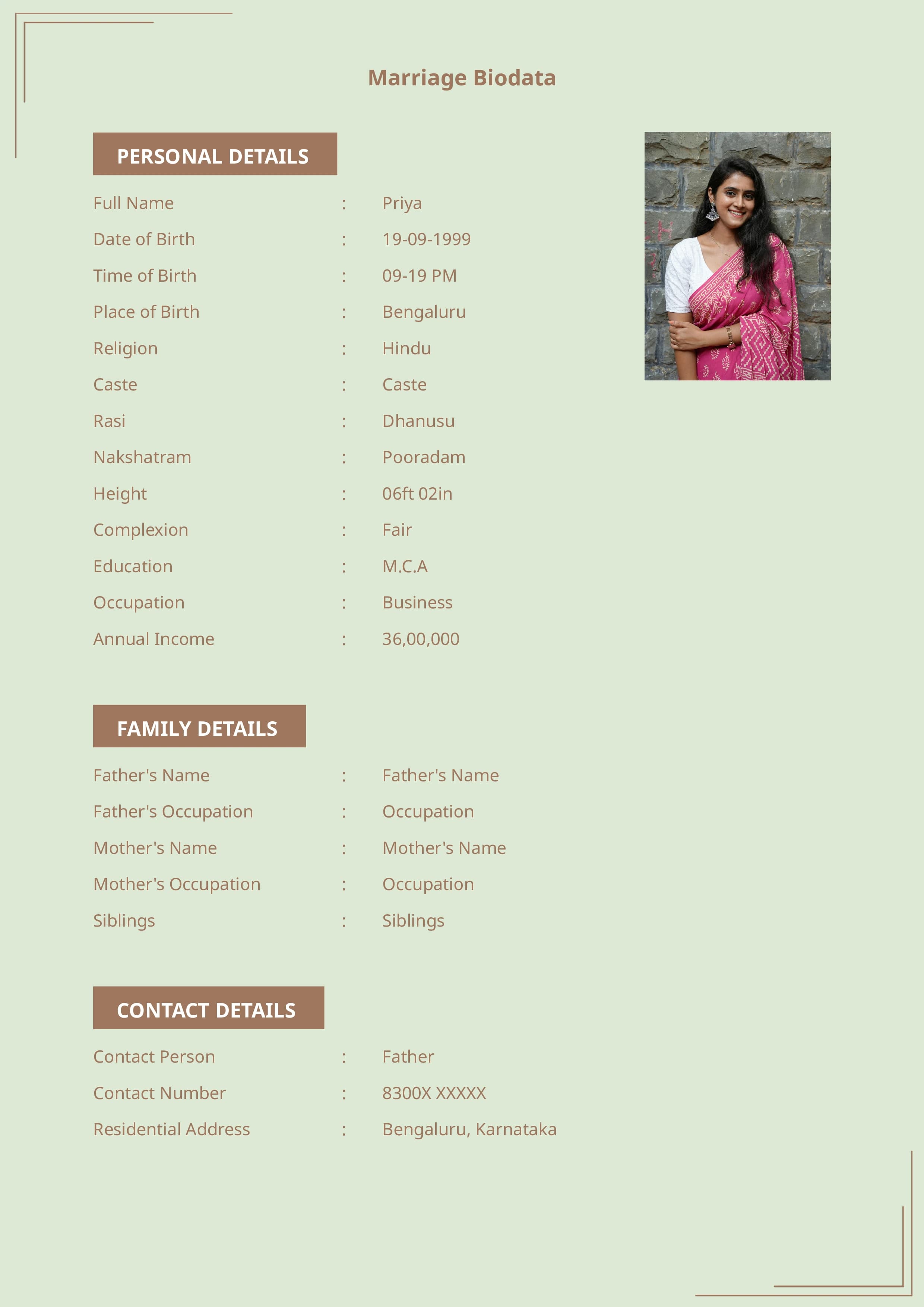 Modern indian marriage resume template with minimalist design