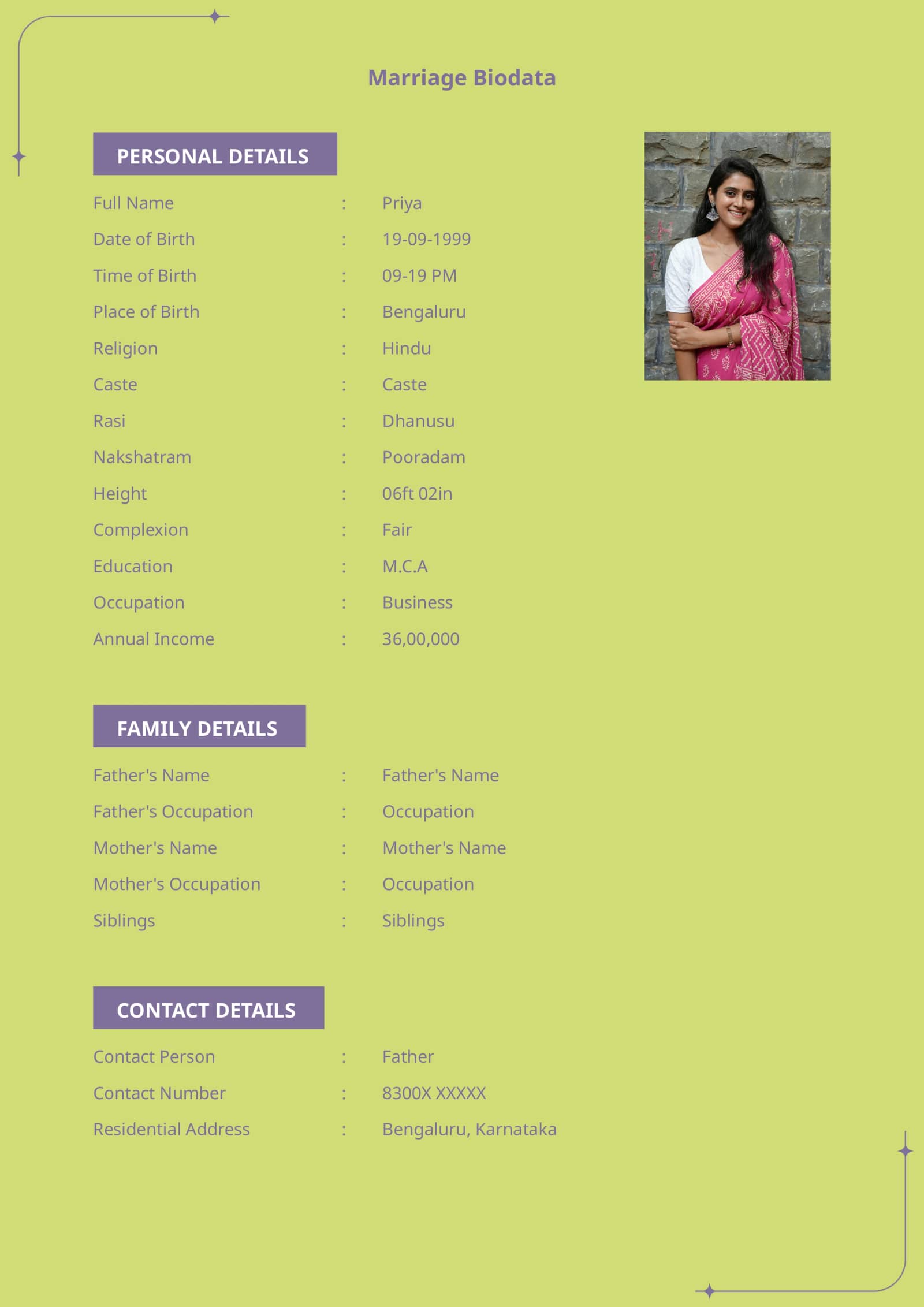 Beautifully crafted marriage biodata format for girl with photo