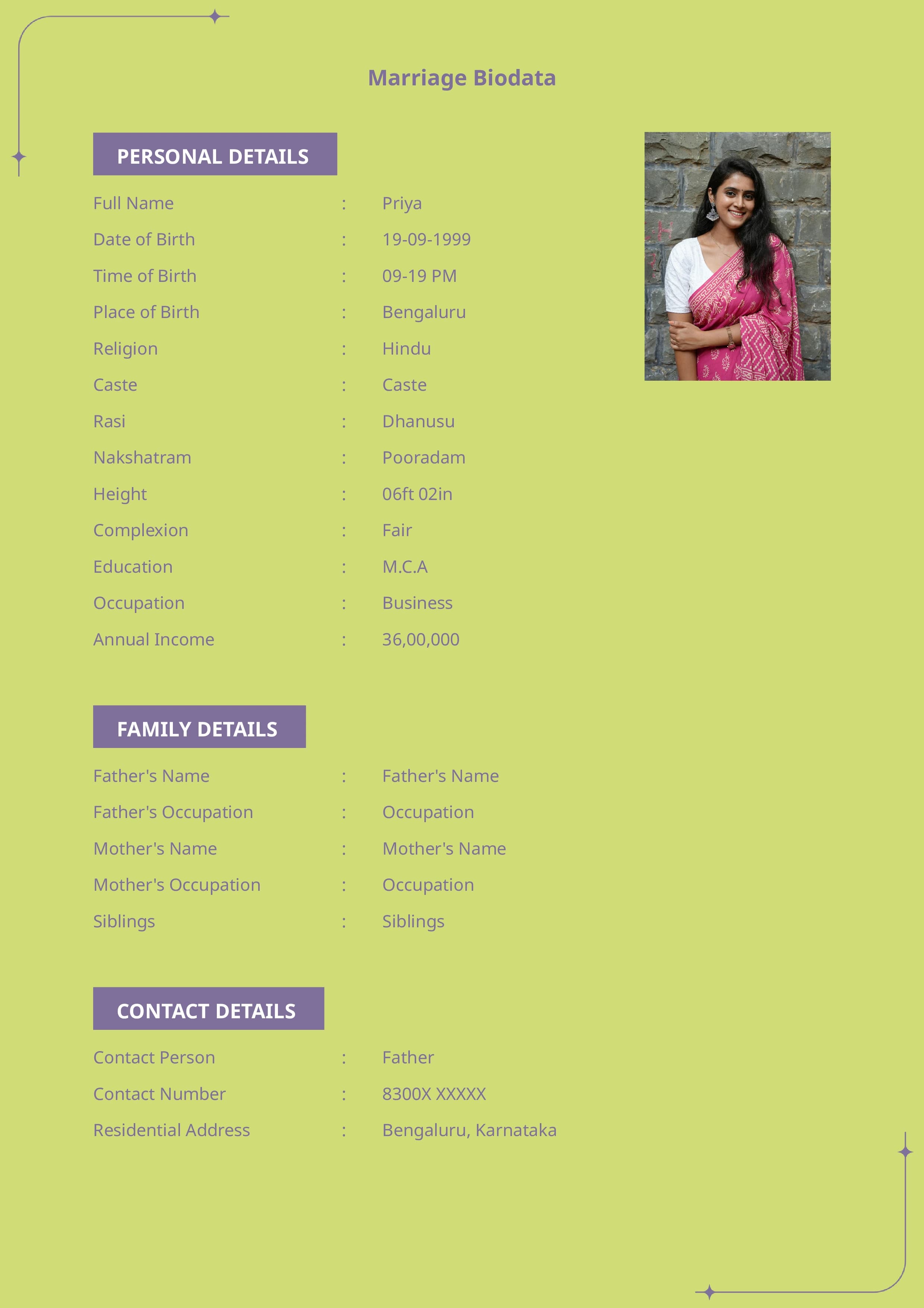 Beautifully crafted marriage biodata format for girl with photo