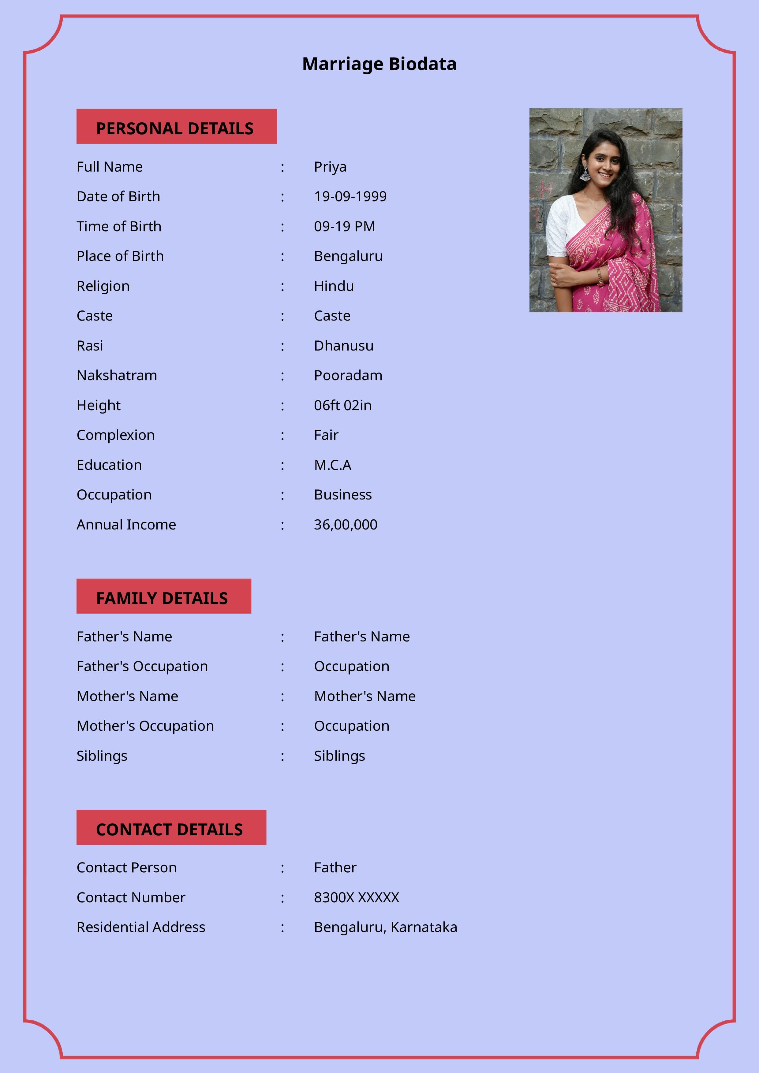 Professional and clean matrimonial profile format for boy