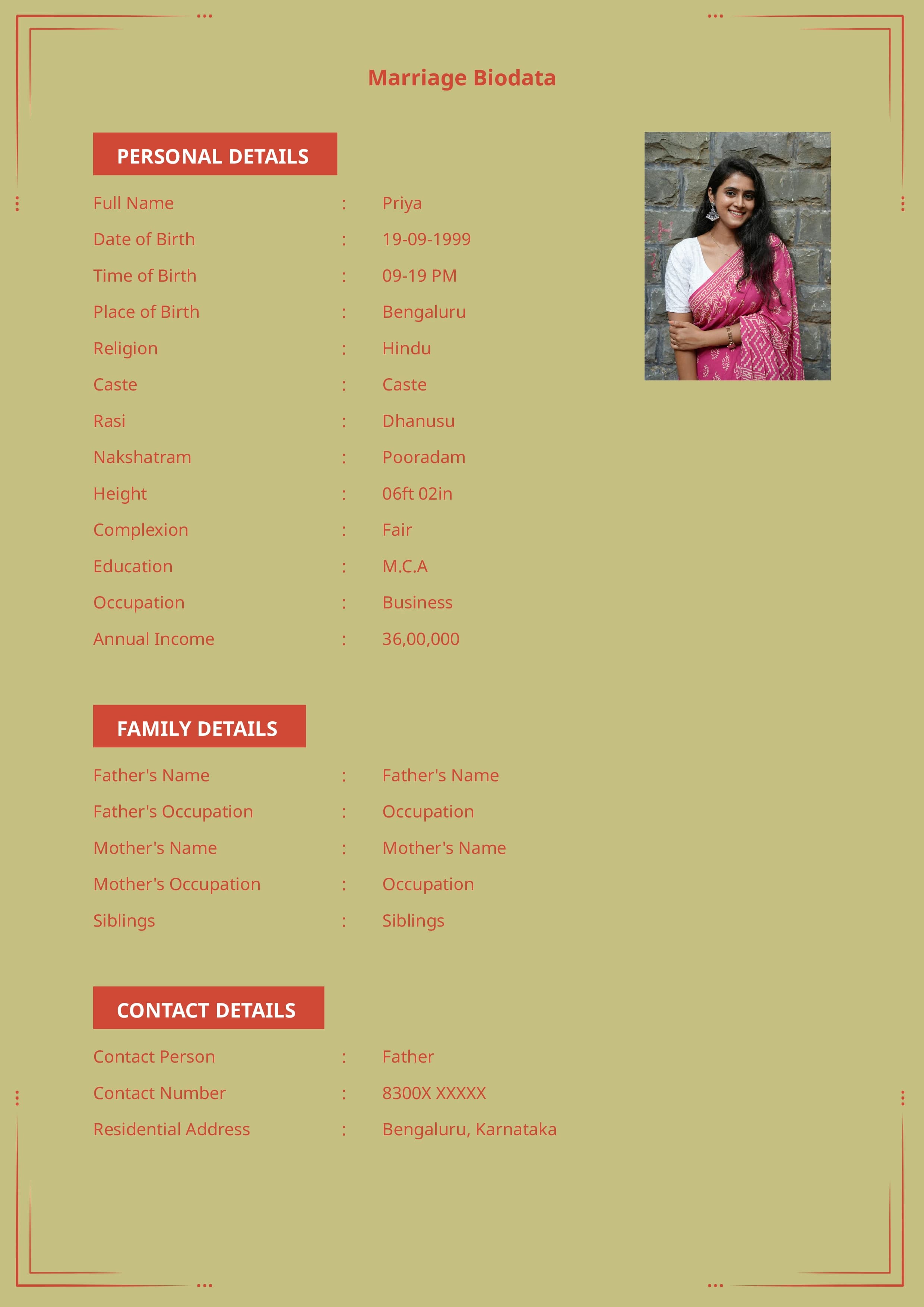 Traditional and elegant shaadi biodata format in PDF