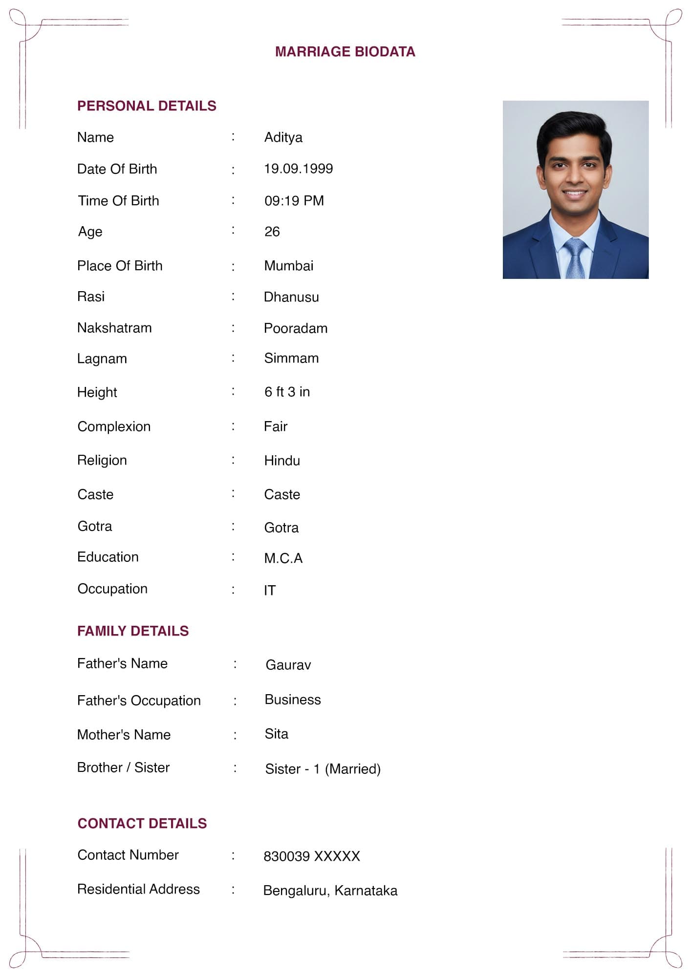 Simple One-Page Marriage Biodata Format (With Sample)