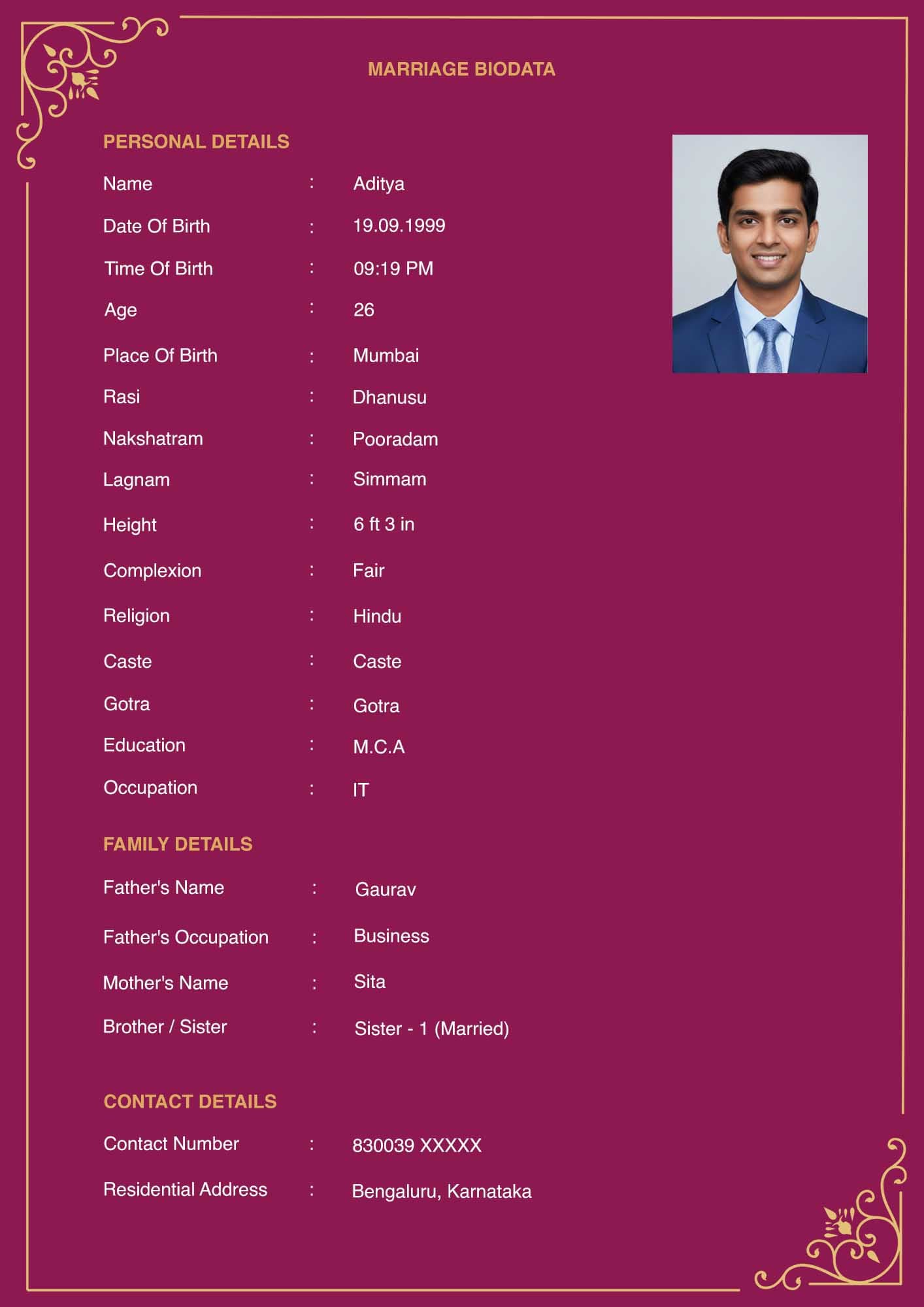 Indian marriage resume template with photo in PDF format