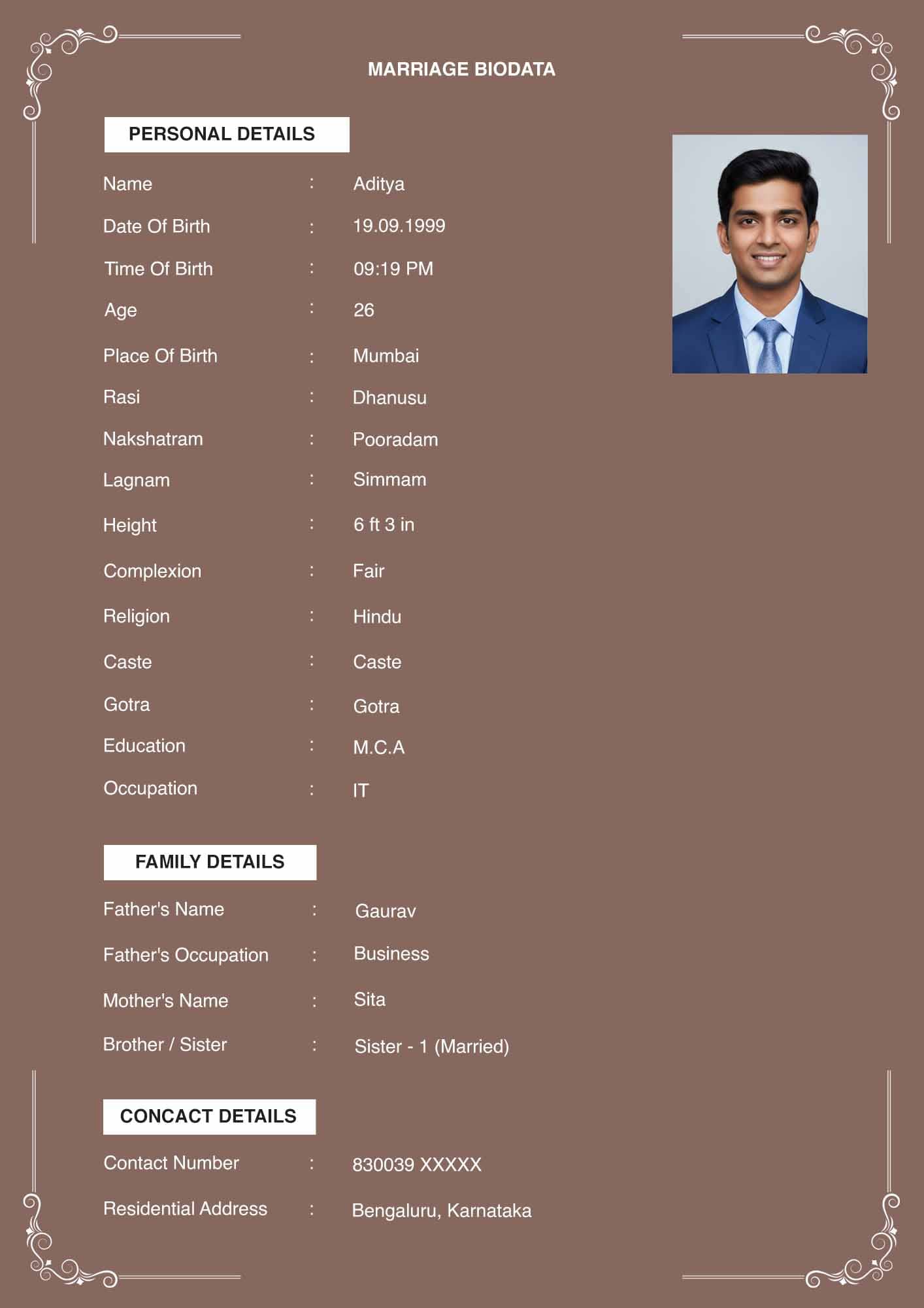 Royal vintage style marriage biodata format for Indian brides