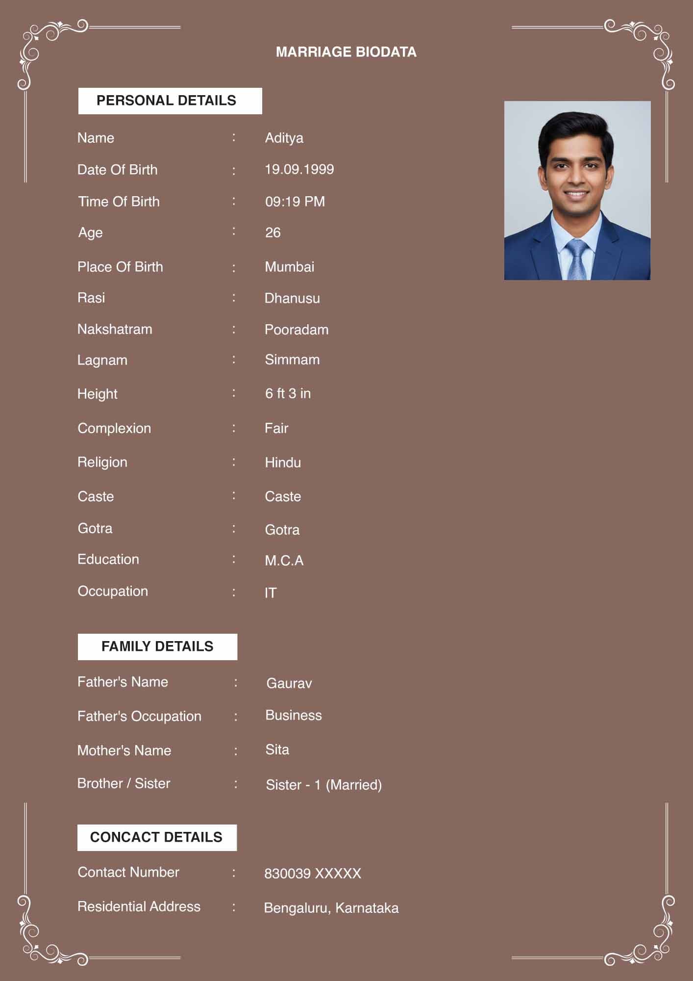 Royal vintage style marriage biodata format for Indian brides